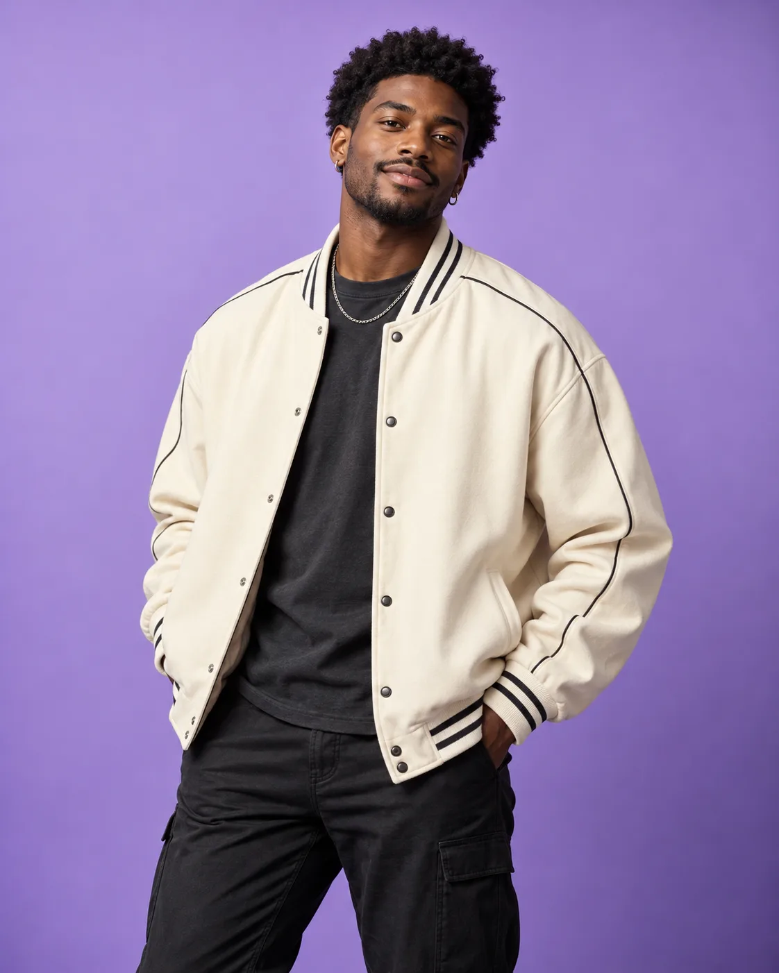 AI concept of a Black male model in an ivory jacket on lavender