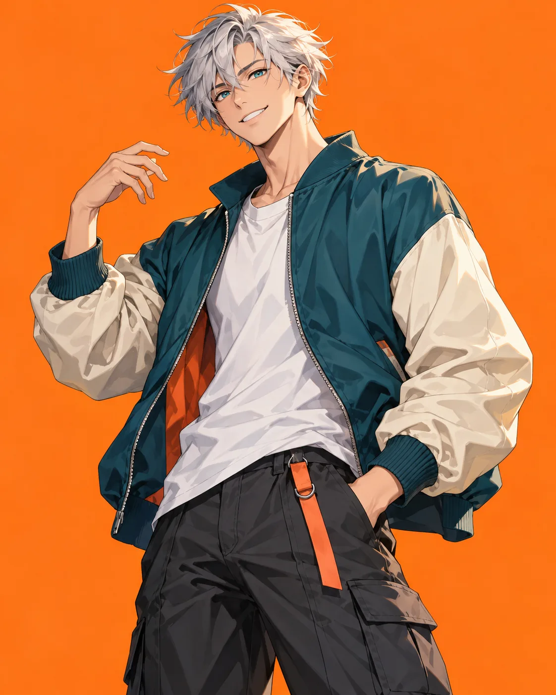 AI concept of a silver-haired original anime hero in a deep teal jacket on orange